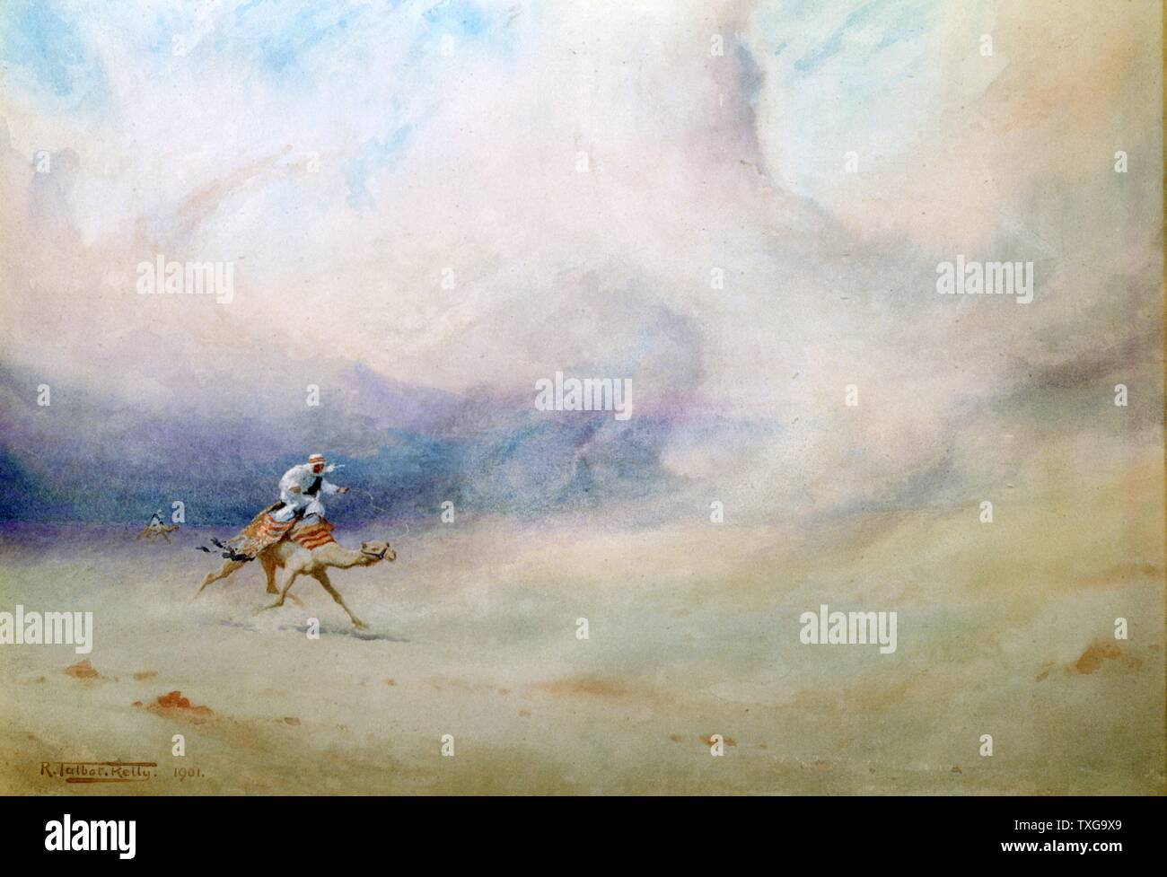 Robert Talbot-Kelly Britische Schule Sturm in der Wüste Aquarell Mann in arabischer Kleidung reiten Kamel durch einen Sandsturm. Stockfoto