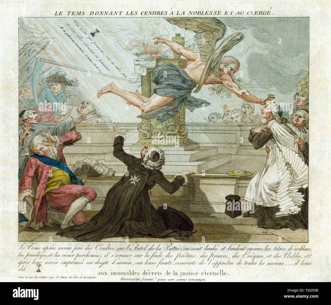 Französische Revolution: Vater Zeit fliegen Vergangenheit Altar, auf dem die Privilegien des Adels und des Klerus verbrannt werden. Er ist die Salbung der Stirn von einem Priester mit Asche, während andere zurück ziehen. Drucken Stockfoto
