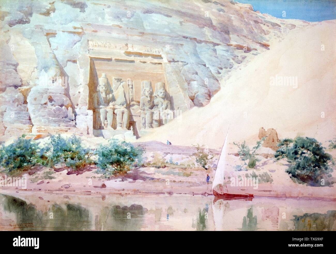 Robert Talbot-Kelly British School Abu Simbel - Kalkstein Statuen von Ramses II., der Nil. Aquarell Stockfoto