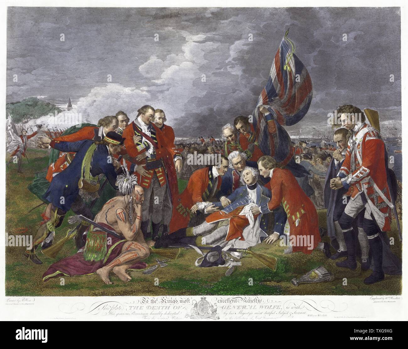 Aus einem Gemälde von Benjamin West Tod von General James Wolfe, British Army Commander, tödlich am Sieg über die Franzosen in der Schlacht von Ebenen von Abraham - Quebec verwundet. Gravur Stockfoto