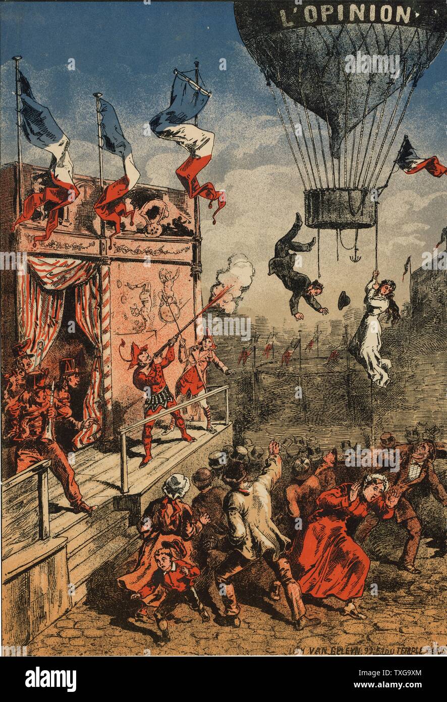 Humorvoll Drucken eines Zirkus Schauspieler auf einer Bühne schießen auf einen Ballon, mit der Beschriftung "L "Stellungnahme". Ein Mann springt von der Gondel und eine Frau klammert sich an einem Seil - 1870-1900. Stockfoto