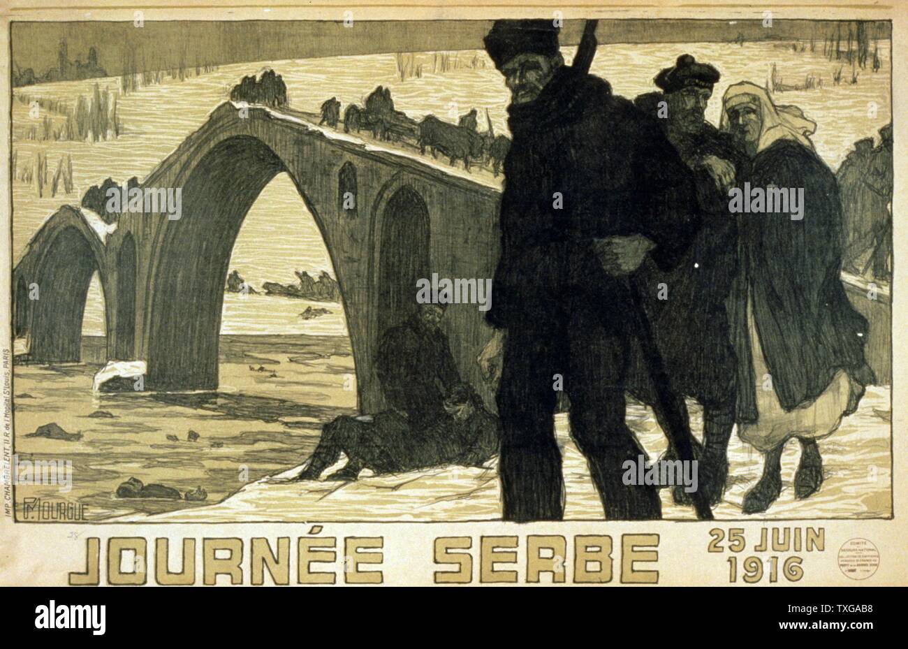 Journée des Serbischen Serbe (Tag), 25. Juni 1916. Jahrestag der Schlacht von Kosovo. Serben Fluß Drina. Weltkrieg französische Plakat. Von Österreich-ungarn, Deutschland und Bulgarien erobert, Serbien erlitten die militärischen und zivilen Opfer. Litograph Stockfoto