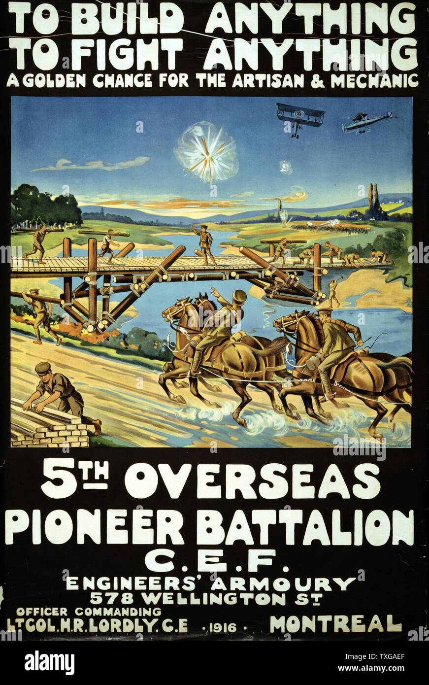 Weltkrieg (): Kanadische Rekrutierung Plakat für die 5. Überseeische Pionierbataillon, 1916.' Etwas zu bauen, etwas zu kämpfen. Eine goldene Chance für den Handwerker und Mechaniker". Soldaten eine Brücke während Flugzeuge fliegen über Litograph Stockfoto