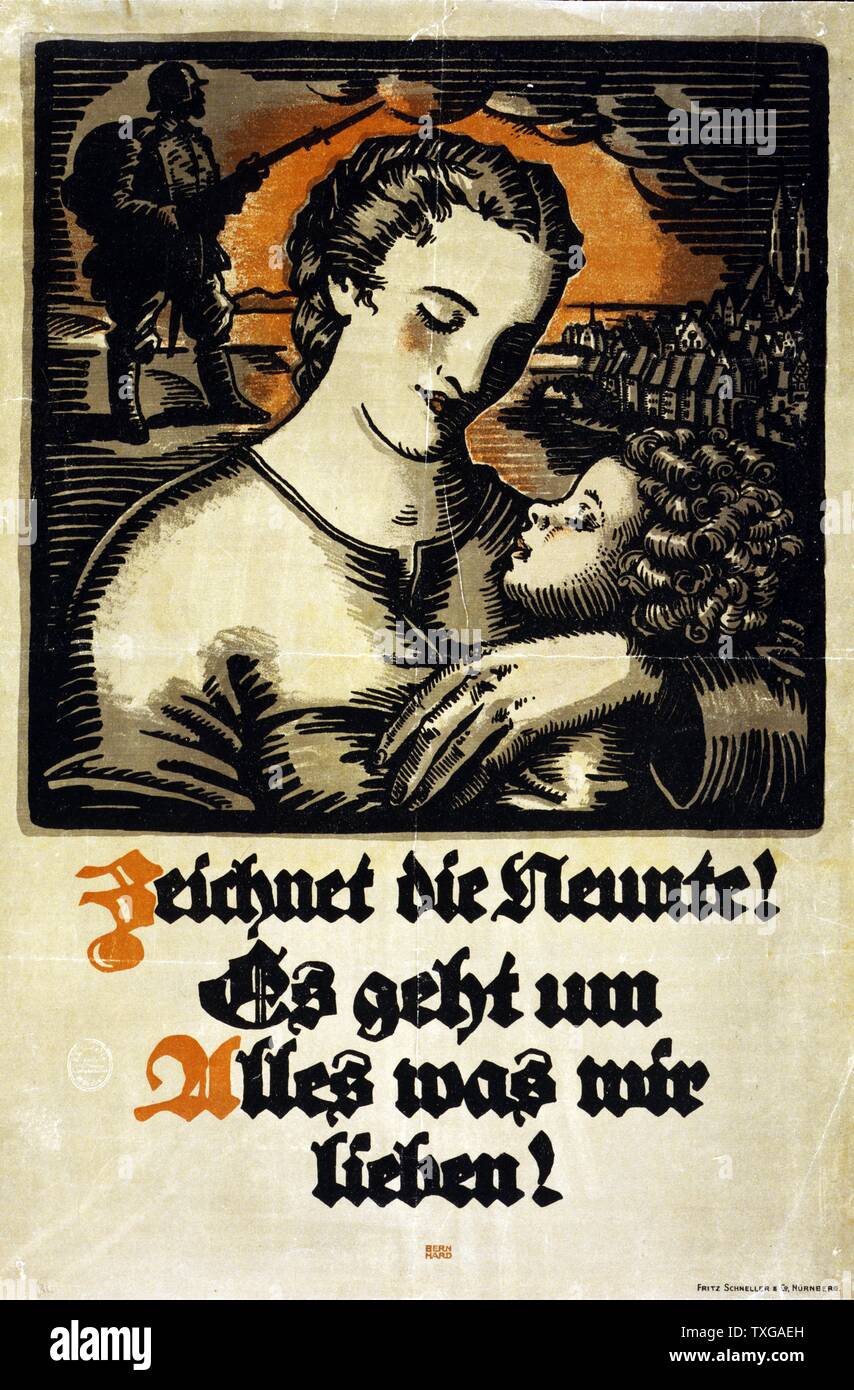 Plakat zeigt eine Frau mit einem Kind, im Hintergrund eines Soldaten und einer deutschen Stadt. Text: Abonnieren Sie den neunten Kriegsanleihe! Es ist für alles, was uns so lieb! Stockfoto