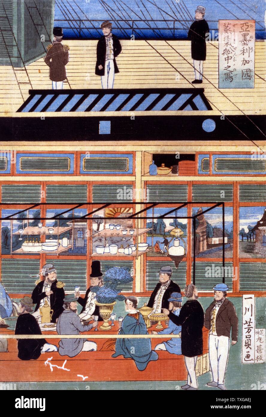 Innenraum eines amerikanischen Dampfer. Japanische Triptychon print eine Querschnittsansicht einer amerikanischen Dampfer einer Gruppe von Passagieren sitzen um einen Tisch unter Deck zu den Mahlzeiten, auch shows Aktivitäten an Deck. Von Yoshikazu Utagawa. Stockfoto