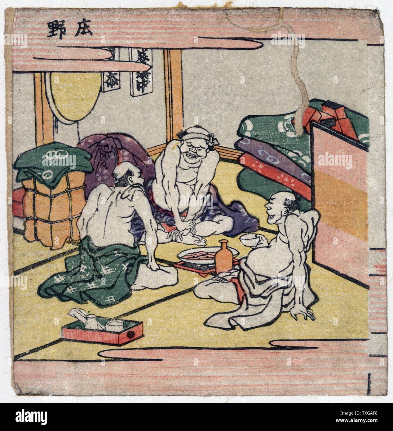 Shono. Drucken zeigt drei Reisende in einem Zimmer auf einem Rastplatz, Essen und Trinken. Von Hokusai Katsushika. Stockfoto