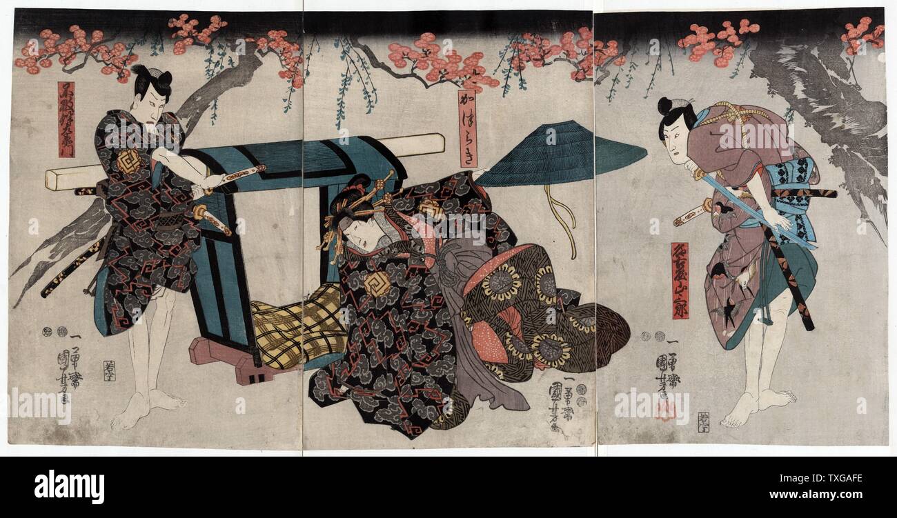 Drei Akteure in die Rollen von Nagoya Sanzaburo, Katsuragi und Fuwa Banzaemon. Druck zeigt die Kurtisane Katsuragi außerhalb eine Sänfte zwischen zwei rivalisierenden Liebhaber und Samurai, gehört ihr Mann Nagoya Sanza und der andere ist Fuwa Banzaemon. Von Kuniyoshi Utagawa. Stockfoto