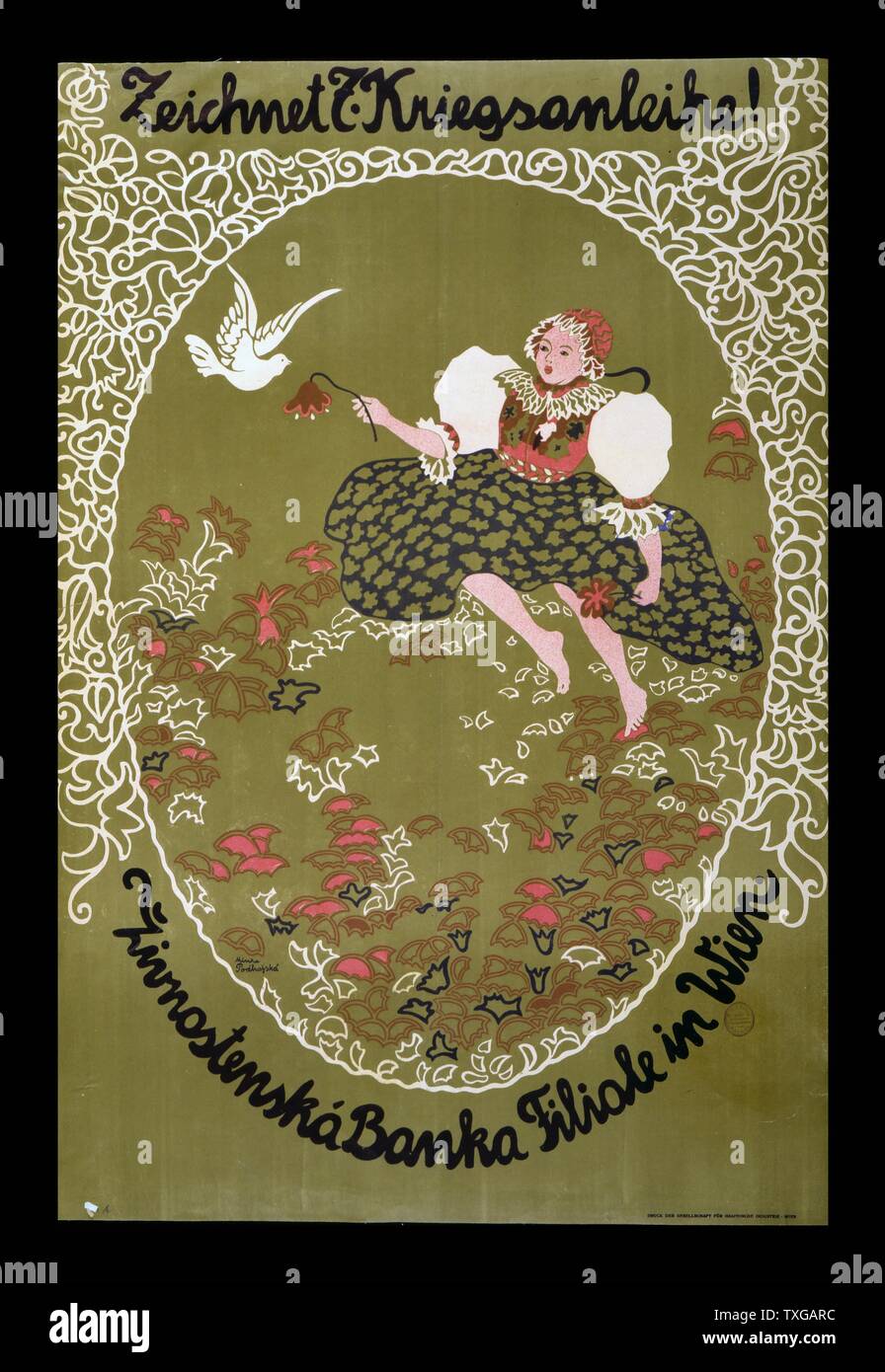Plakat zeigt ein Mädchen in traditionellen Tschechischen (?) Kostüm in einem Feld von Blumen, in der Nähe von ihr ist die Friedenstaube. Text: Abonnieren Sie den 7. Weltkrieg Darlehen! Zivnostenska Banka Branch Office, Wien. Von Minka Podhajská. Stockfoto