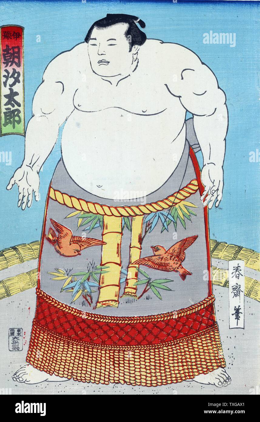 Der Sumo-Ringer verliefen Taro. Druck zeigt verliefen Taro, ein Sumo-Ringer, Porträt, stehen, Verkleidung leicht links, Taille wickeln mit Vögel und Bambus Motiv tragen. Stockfoto