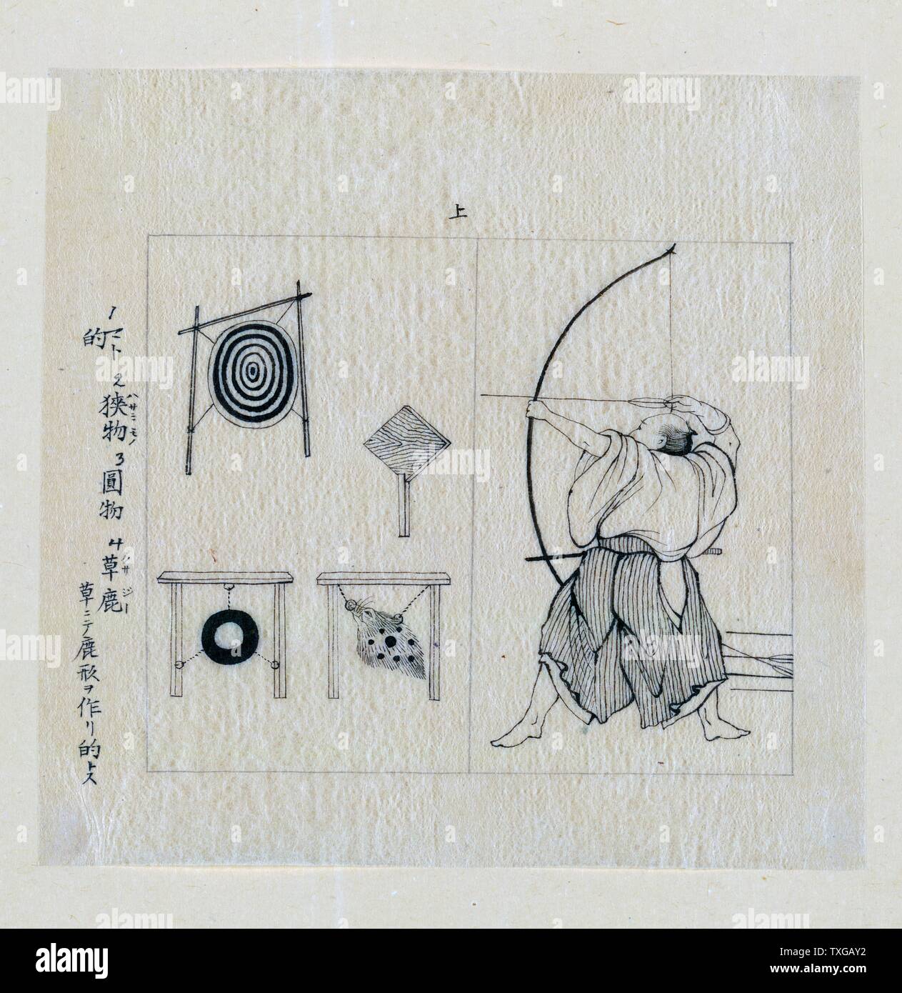 Krieger, Album, nach links, mit Bogen gezeichnet, etwa zu einem Pfeil schießen umfasst verschiedene Arten von Zielen. Stockfoto