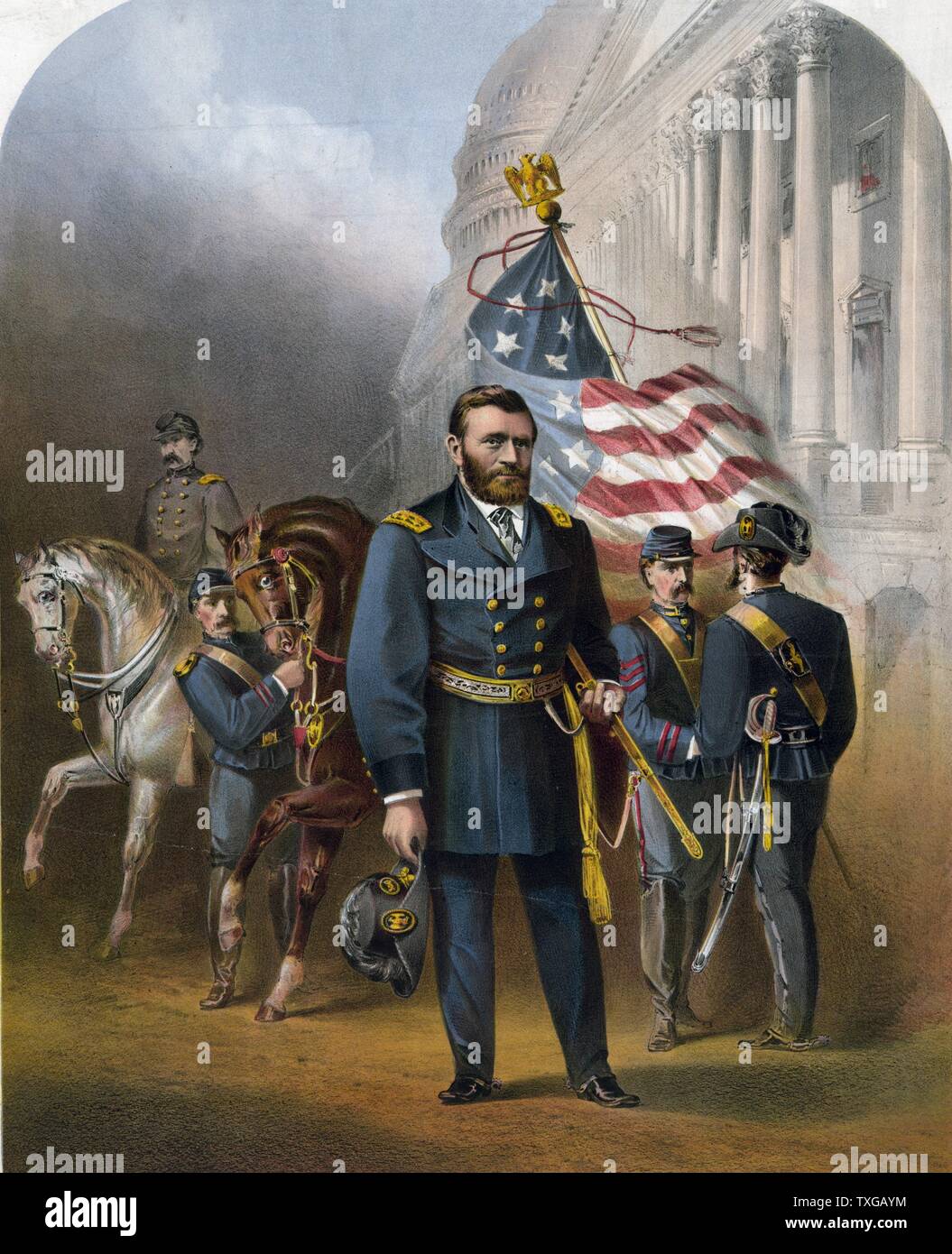 Druck zeigt General Ulysses S. Grant vor anderen Soldaten und Pferde auf dem US-Kapitol. Stockfoto