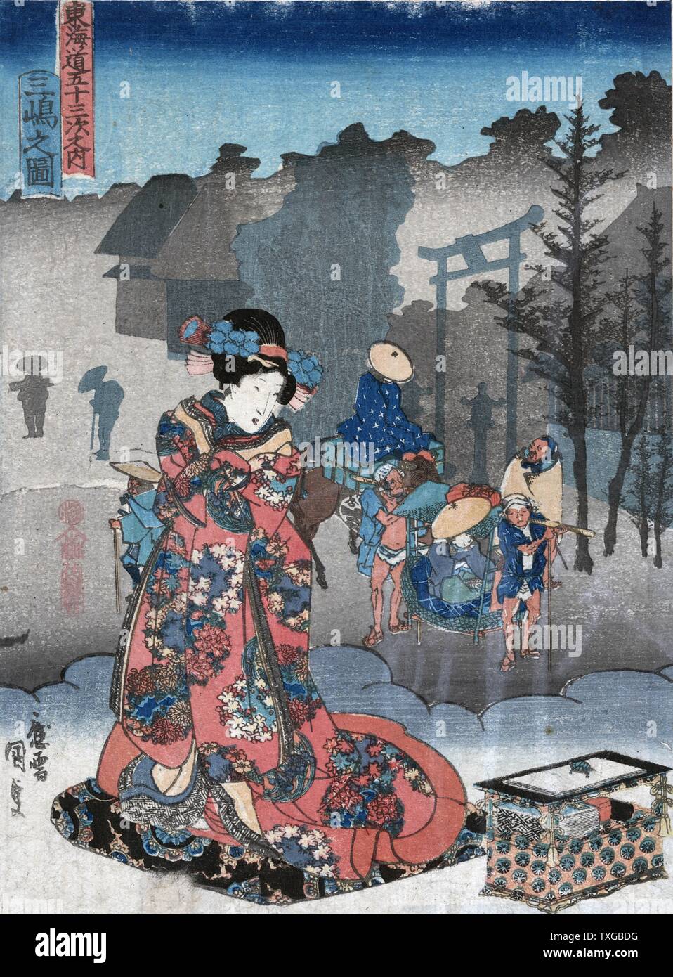 Anzeigen von Mishima. Drucken zeigt eine Frau, die neben einer Box auf einer Wolke beobachten die Träger, die eine Person in einer Sänfte, wie sie die Mishima Schrein, die 12. Station auf der Tokaido Straße. Stockfoto