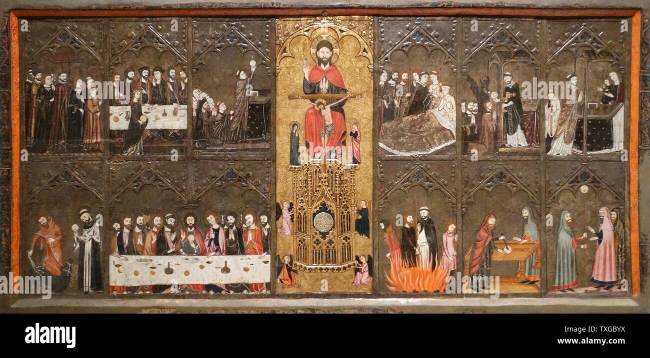 Altar des Corpus Christi durch Master Vallbona. Tempera, Stuckreliefs, vergoldet mit Blattgold auf Holz und Blech Colrat. Vom 14. Jahrhundert Stockfoto