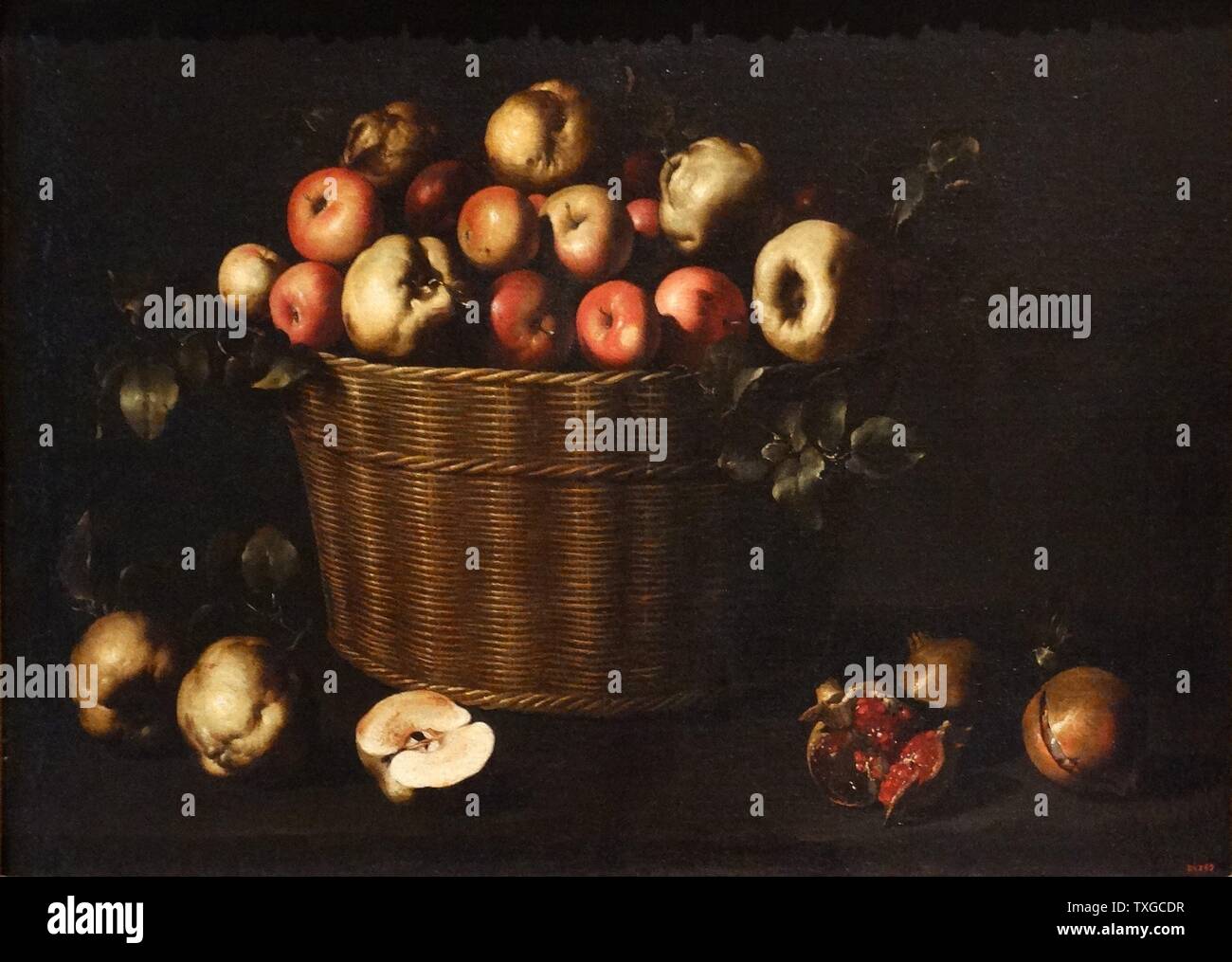 Bild mit dem Titel "Korb mit Äpfeln, Quitten und Granatäpfel von Juan de  Zurbarán (1620-1649) spanischen Barock Maler. Vom 17. Jahrhundert  Stockfotografie - Alamy