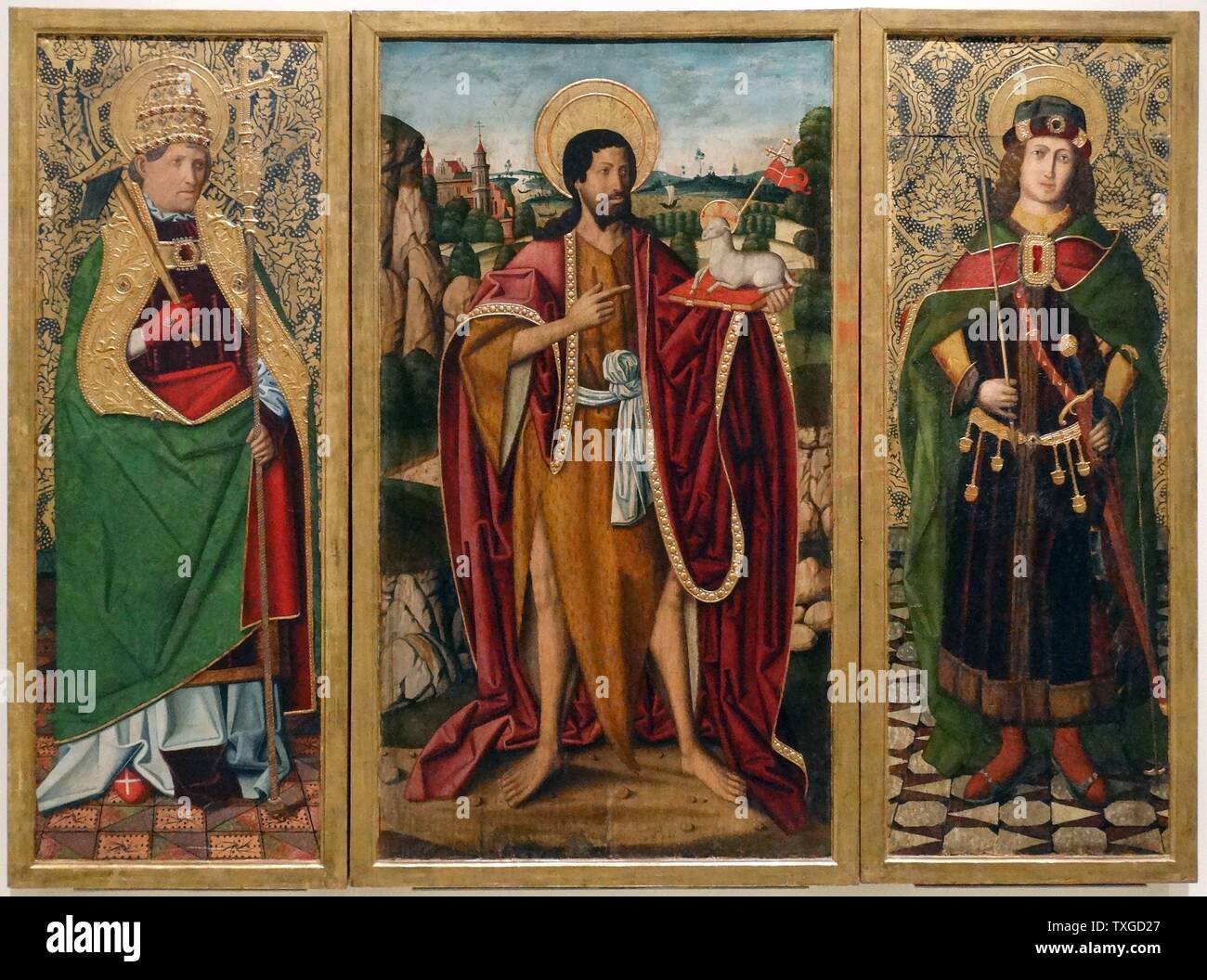 Ein Triptychon mit St. Johannes der Täufer, St. Fabian und St. Sebastian durch Workshop von Miguel Ximénez (1462-1505). Vom 15. Jahrhundert Stockfoto
