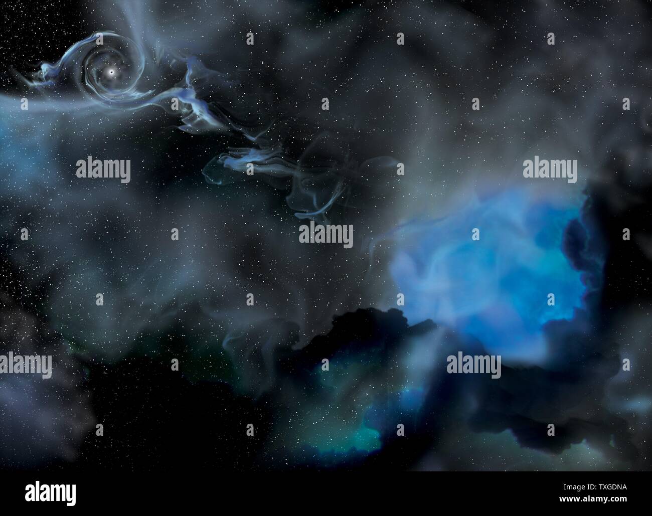 Künstler-Darstellung des IC 10 x-1 Systems, schwarzes Loch liegt in der oberen linken Ecke und seine Begleitstern ist auf der rechten Seite. Vom 2007 Stockfoto