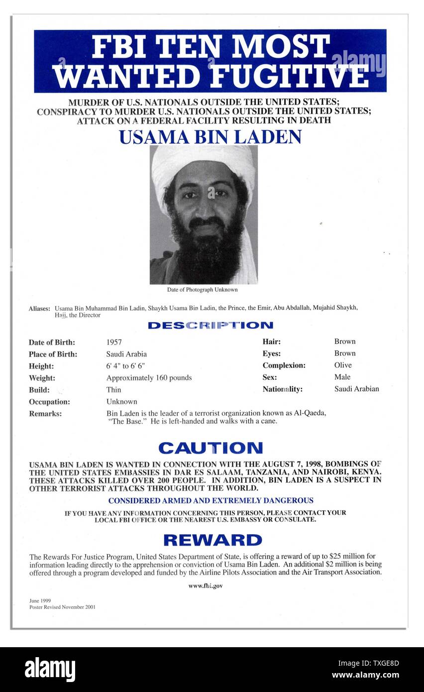 Top Ten Most Wanted Bekanntmachung ausgestellt durch das FBI für Osama Bin Laden (1957-2011) Gründer von al-Qaida, die Organisation, die die Verantwortung für die Anschläge vom 11. September auf die Vereinigten Staaten, zusammen mit zahlreichen anderen Masse / Unfall Angriffe auf zivile und militärische Ziele übernommen. Vom 2001 Stockfoto