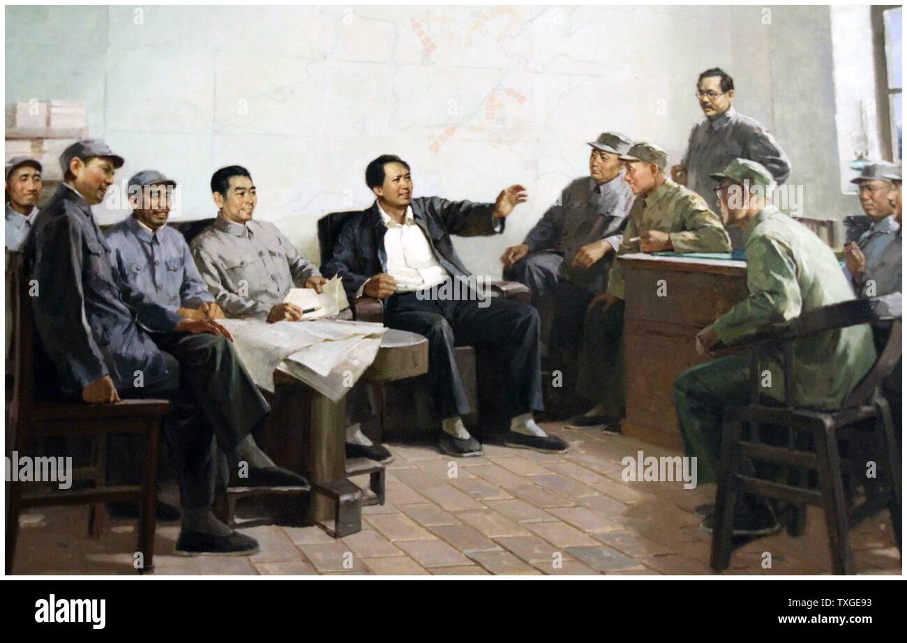 Malerei von Mao Zedong, die revolutionäre. Mit anderen Führern einschließlich Zhou Enlai und Lin Biao und Deng Hsiao-Ping Stockfoto