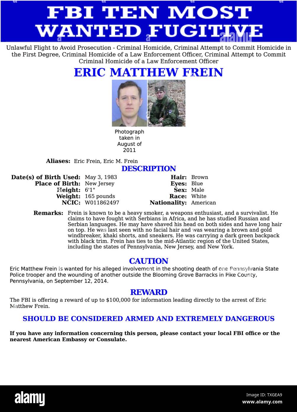Top Ten Most Wanted Bekanntmachung ausgestellt durch das FBI für Eric Matthew Frein (1983-) wollte für seine angebliche Beteiligung an der Erschießung eines Pennsylvania State Police Trooper und andere verwundet. Datierte 2014 Stockfoto