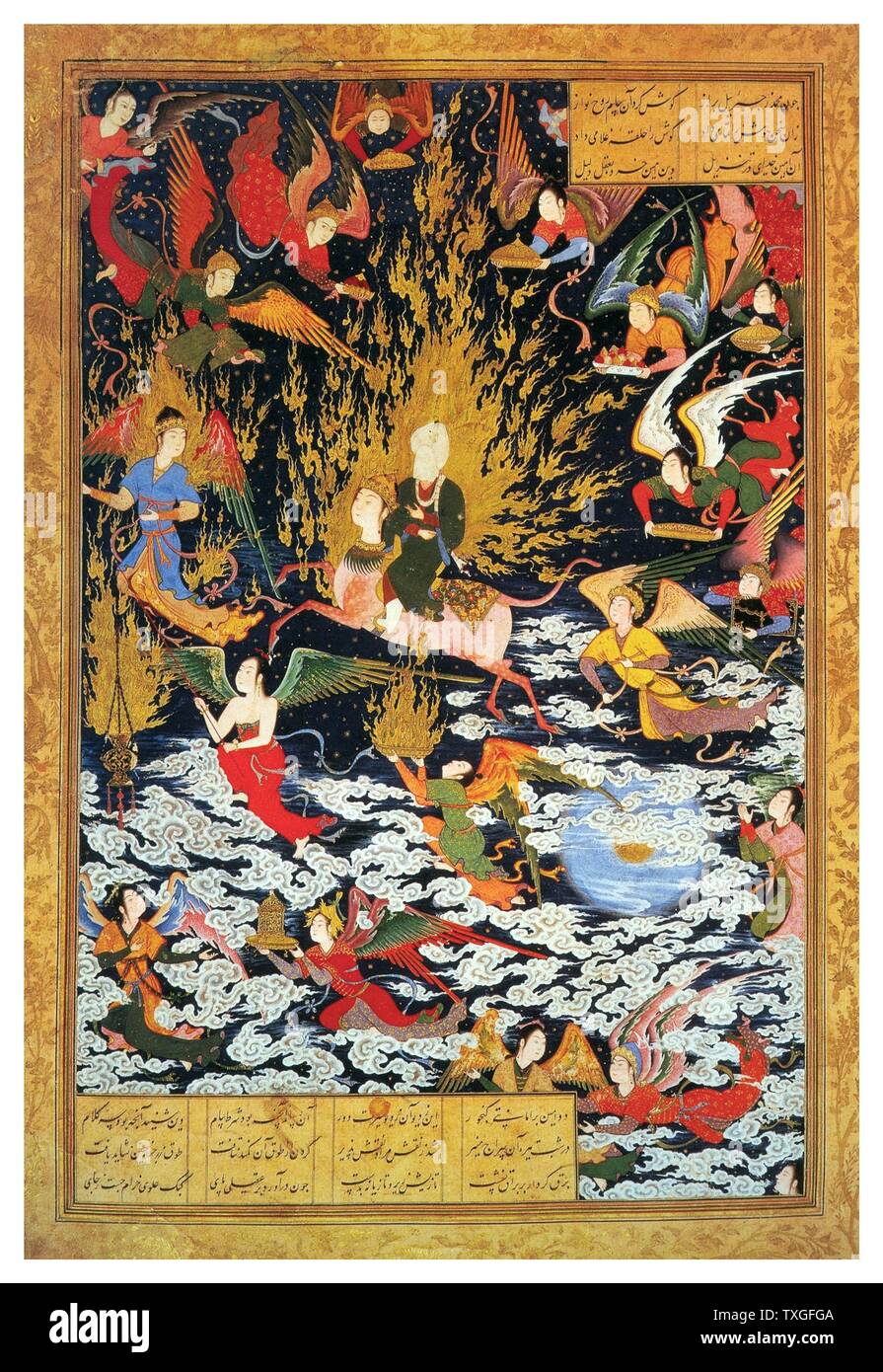 Der Aufstieg von Mohammed in den Himmel von Khamseh Nizami. Sultan Muhammad zugeschrieben. datiert von 1539-43. Aquarell und Tusche auf Papier Stockfoto