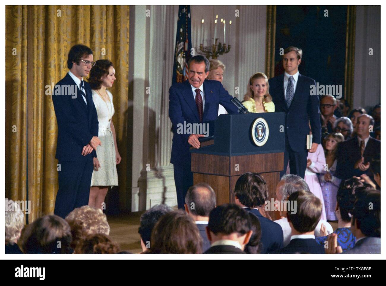 Präsident Richard Nixon kündigt seinen Rücktritt als Präsident der Vereinigten Staaten in 1974 nach dem Watergate-Skandal Stockfoto