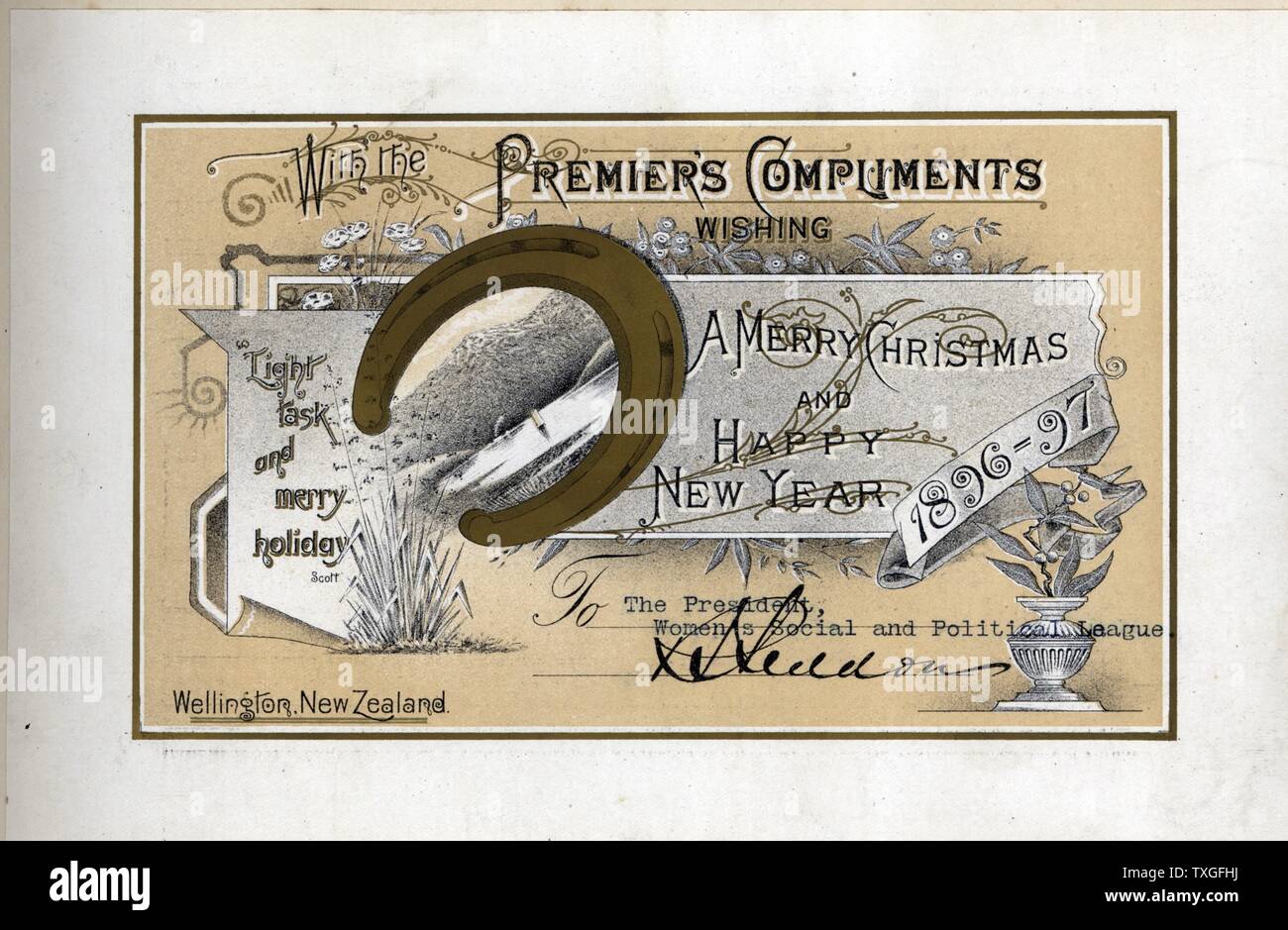 Eine Weihnachtskarte von Sozial- und politische Liga (1896) aus New Zealand Premierminister Richard John Seddon 1897 zu den Frauen. Die Wahlen Rechnung gewähren Frauen Franchise königliche Einwilligung durch Gouverneur Lord Glasgow am 19. September 1893 erhielt. Frauen zum ersten Mal bei den Wahlen am 28. November 1893 gewählt Stockfoto