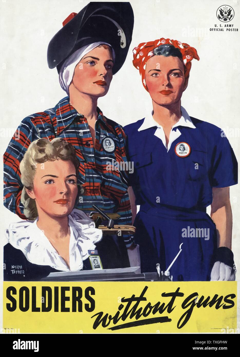 Soldaten ohne Waffen. Amerikanische Propaganda-Plakat feiert die Arbeit von Frauen während des Krieges an der Heimatfront während Zweiter Weltkrieg. Durch Adolph Treidler, 1886-1981, Stockfoto