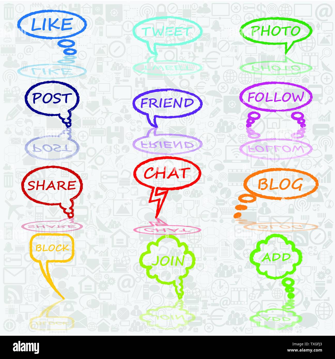 Bubble chat, Vektor. Blog, wie, Freund, folgen, Teilen, Foto Stock Vektor