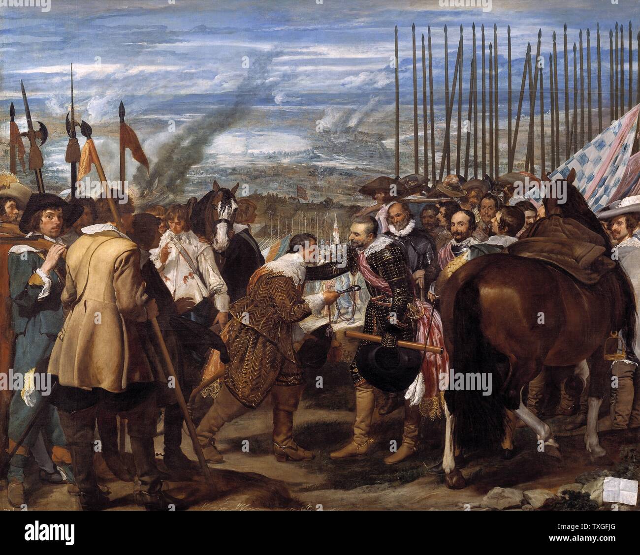 Die Übergabe von Breda, auch bekannt als El Cuadro de Las Lanzas oder Las Lanzas) des Goldenen Zeitalters Spaniens Malers Diego Velázquez. 1634 / 35. Die Erfassung von Breda im Jahre 1625 war einer der wenigen großen Erfolge von spanischen Waffen in den letzten Stadien des Achtzigjährigen Krieges Stockfoto