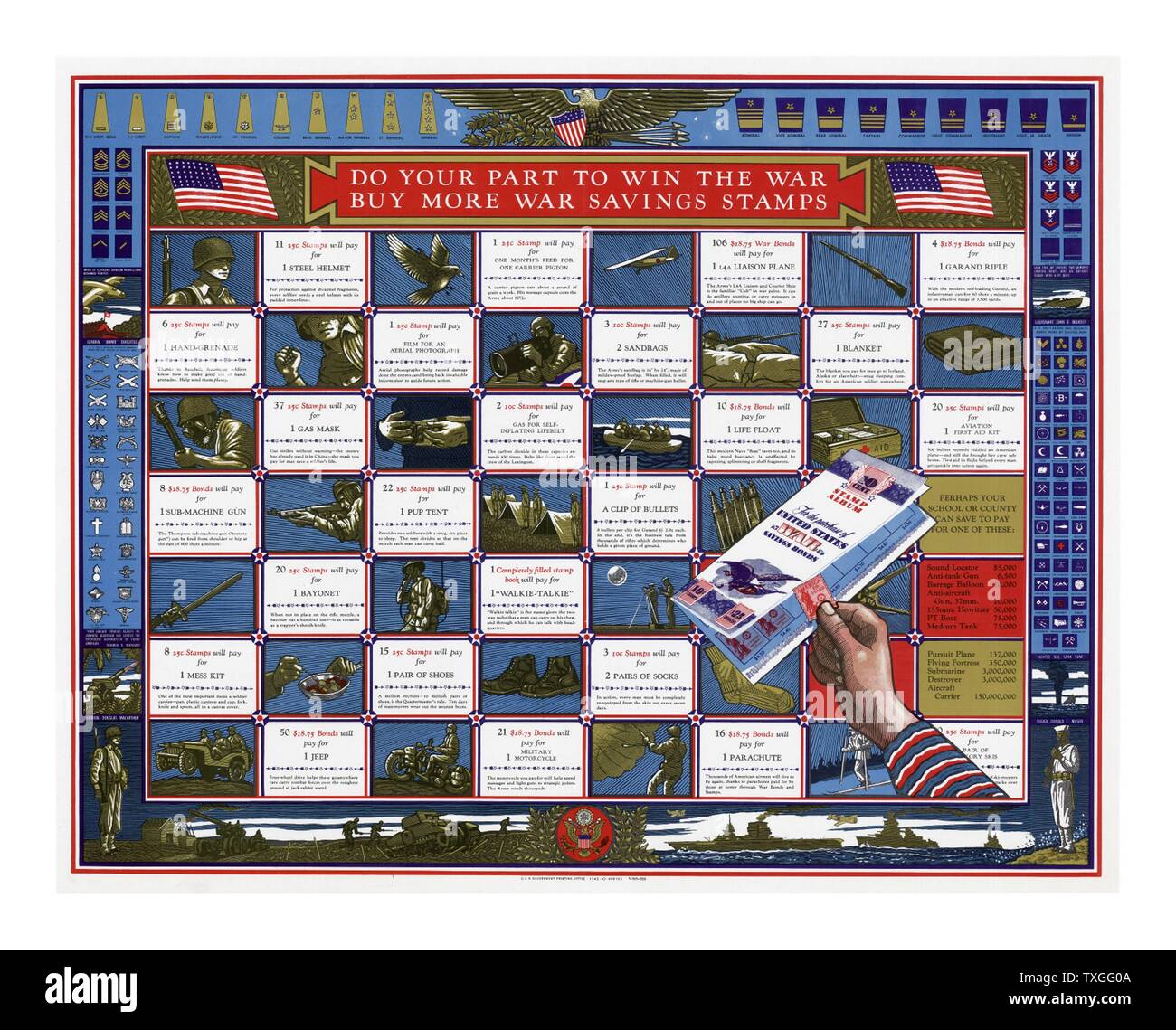 Amerikanischen WWII Propaganda-Plakat Werbung für Krieg Briefmarken. Stockfoto