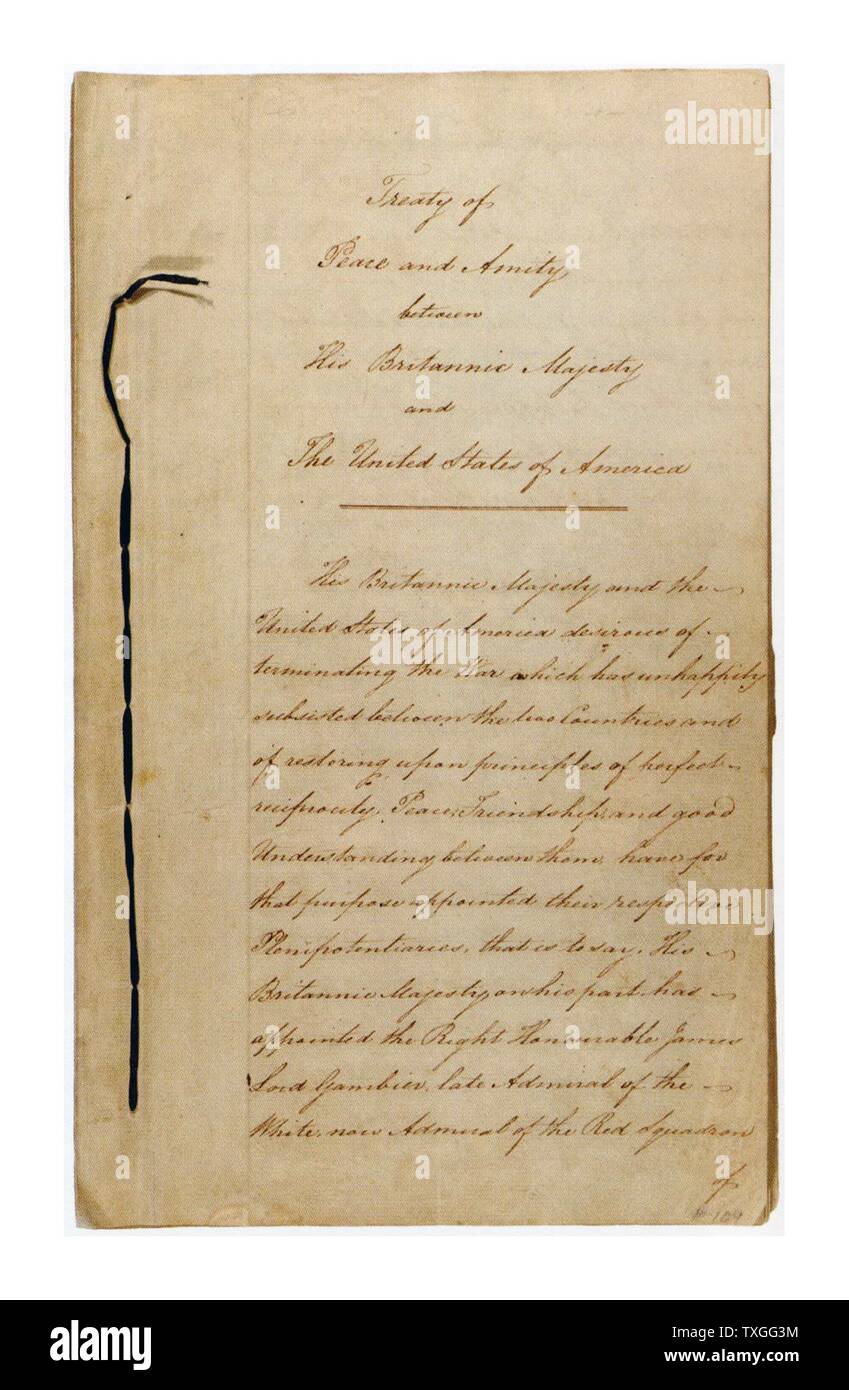 Abschnitt aus dem Vertrag von Gent. Der Vertrag beendete den Krieg zwischen Großbritannien und den Vereinigten Staaten und Beziehungen und Grenzen zum Zustand vor dem Krieg wiederhergestellt. Stockfoto