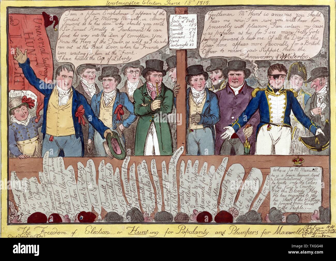 Zwei Kandidaten in der Westminster-Wahl, Henry Hunt und Murray Maxwell, Adressierung einer Menschenmenge 1818, Cruikshank Stockfoto