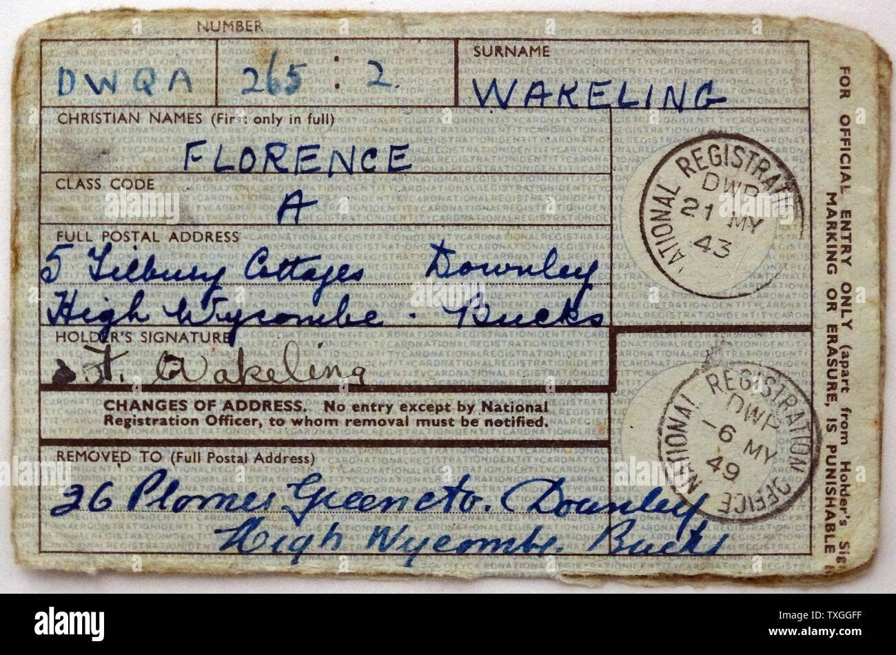 ID-Karte aus dem zweiten Weltkrieg. Datiert 1943 Stockfoto