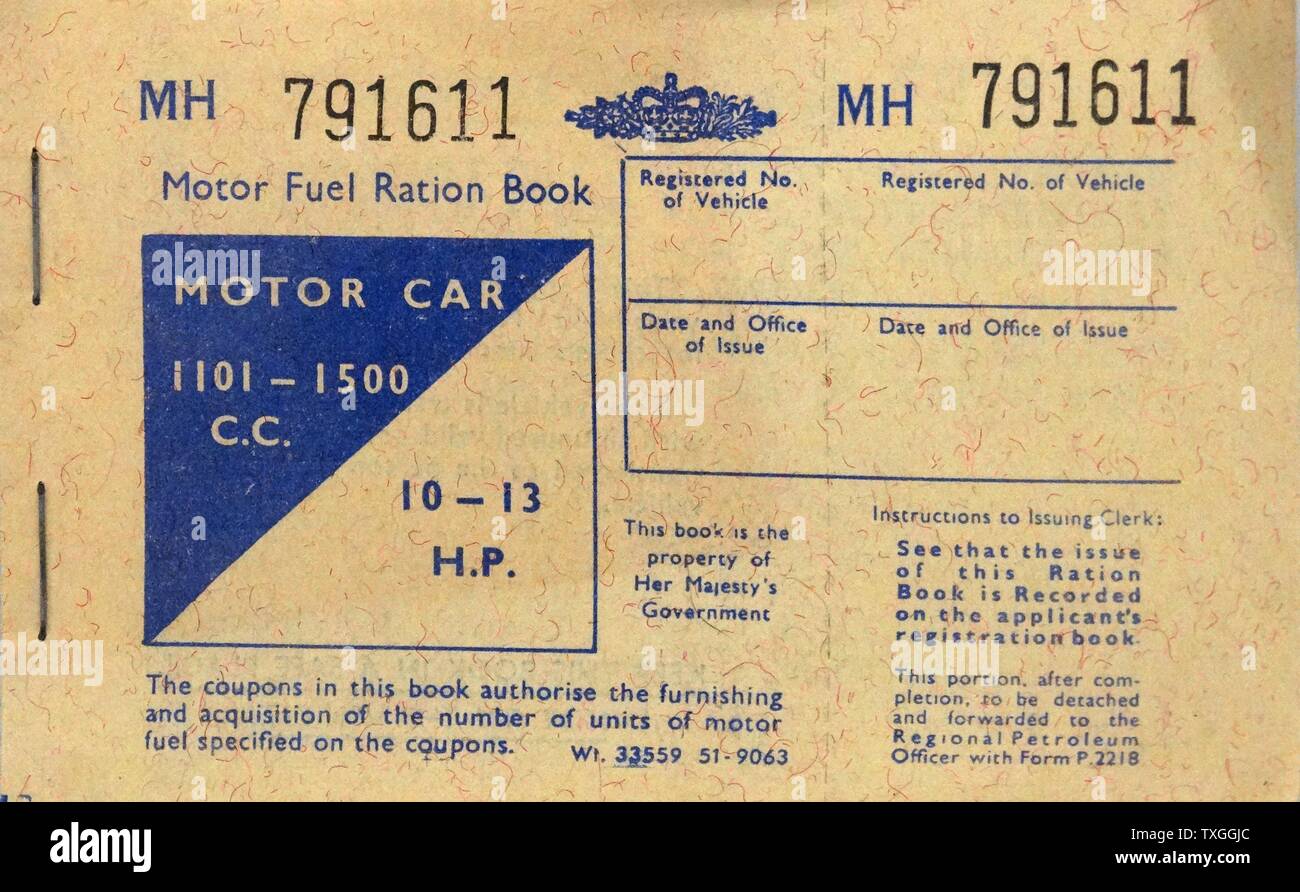 Kraftstoff-Ration-Buch aus dem zweiten Weltkrieg. Vom 1942 Stockfoto