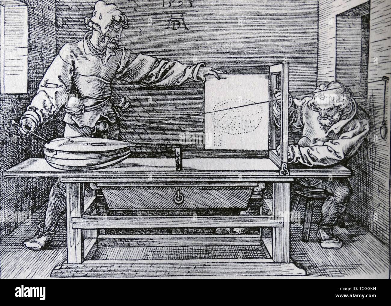 Holzschnitt mit dem Titel "Demonstration der Prespective Zeichnen einer Laute" von Albrecht Dürer (1471-1528) Maler, Grafiker und Theoretiker der deutschen Renaissance. Datiert aus dem 16. Jahrhundert Stockfoto