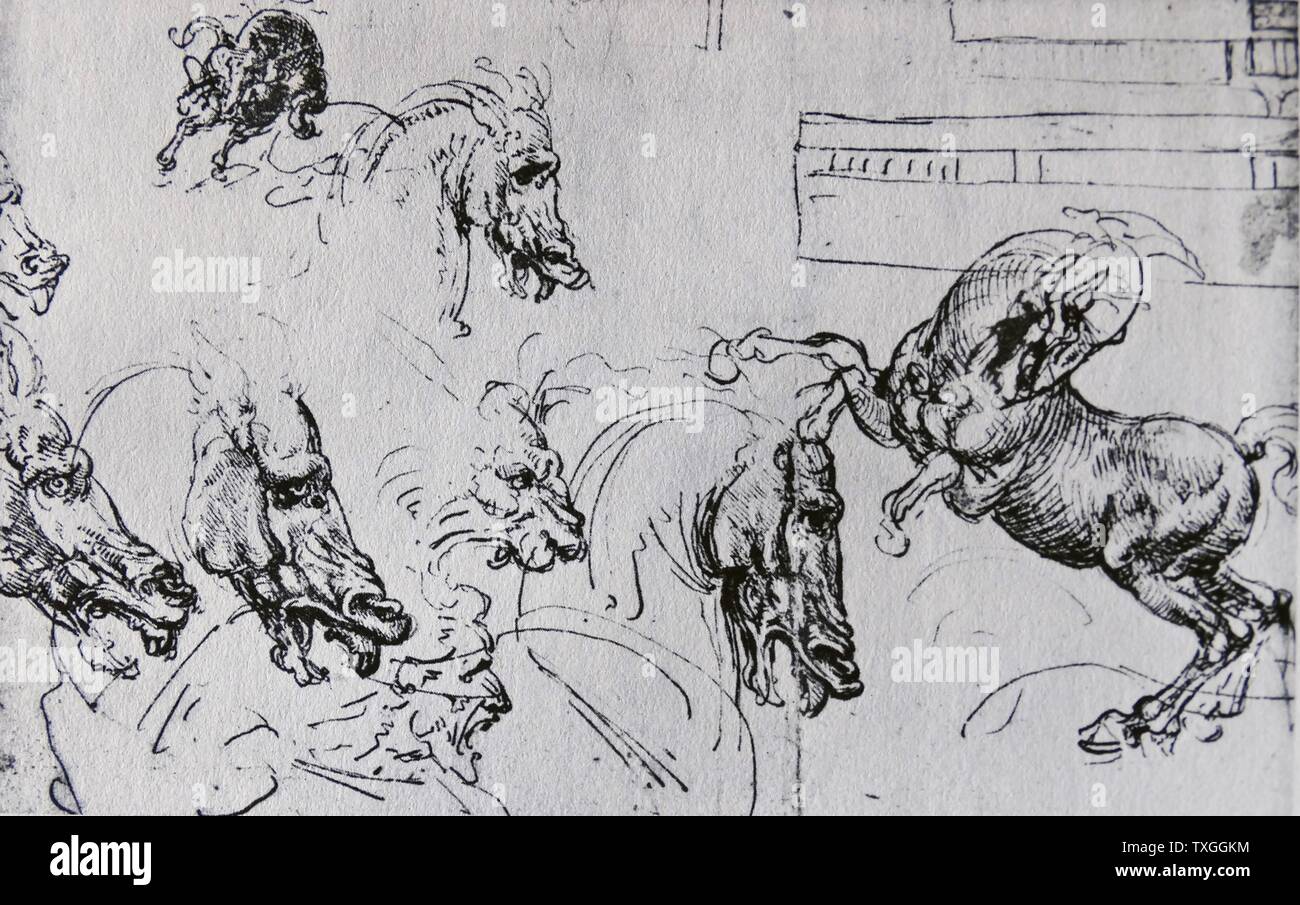 Skizzen für die "Schlacht von Anghiari" von Leonardo Da Vinci (1452-1519) italienischer Universalgelehrter deren Interessengebiete Erfindung, Malerei, Bildhauerei, Architektur, Wissenschaft, Musik und Mathematik enthalten. Datiert aus dem 16. Jahrhundert Stockfoto