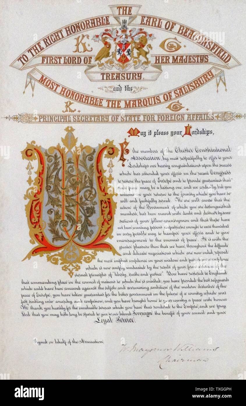 Glückwunschschreiben Manuskript an Benjamin Disraeli nach dem Berliner Kongress (13. Juni - 13. Juli 1878). Der Kongress war ein Treffen der Vertreter der Großmächte der Zeit (Russland, Großbritannien, Frankreich, Österreich, Italien und Deutschland), [1] vier Balkan Staaten (Griechenland, Serbien, Rumänien und Montenegro) und dem Osmanischen Reich, mit dem Ziel der Bestimmung der Hoheitsgebiete der Staaten auf dem Balkan nach dem Russisch-türkischen Krieg von 1877 - 78. Stockfoto