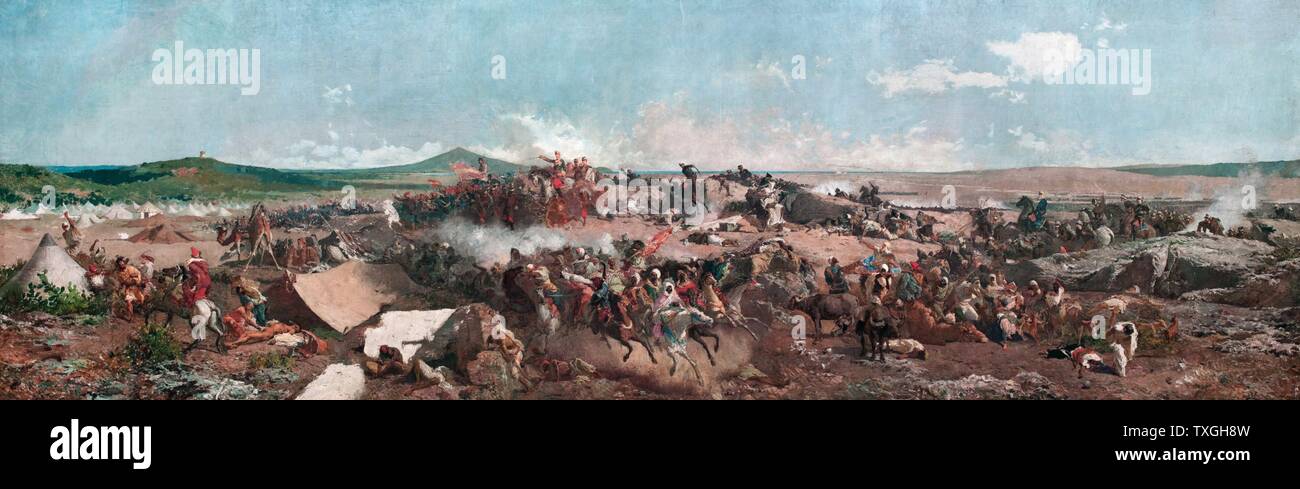 La Batalla de Tetuan im Jahre 1864 gemalt, durch Marià Fortuny (Mariano) (1838 - 1874). Die Schlacht von Tetuan wurde 1860 kämpften, in der Nähe von Tetuan, Marokko, zwischen einem Spanischen Armee nach Nordafrika geschickt und die Tribal Soldaten der marokkanischen Armee. Die Schlacht war Teil der standspiegeln Krieg von 1859-1860. Stockfoto