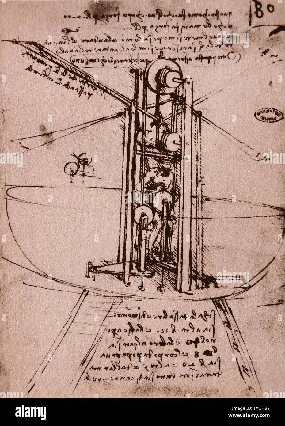 Skizzieren Sie eine Flugmaschine von Leonardo da Vinci, ca. 1495. Stockfoto