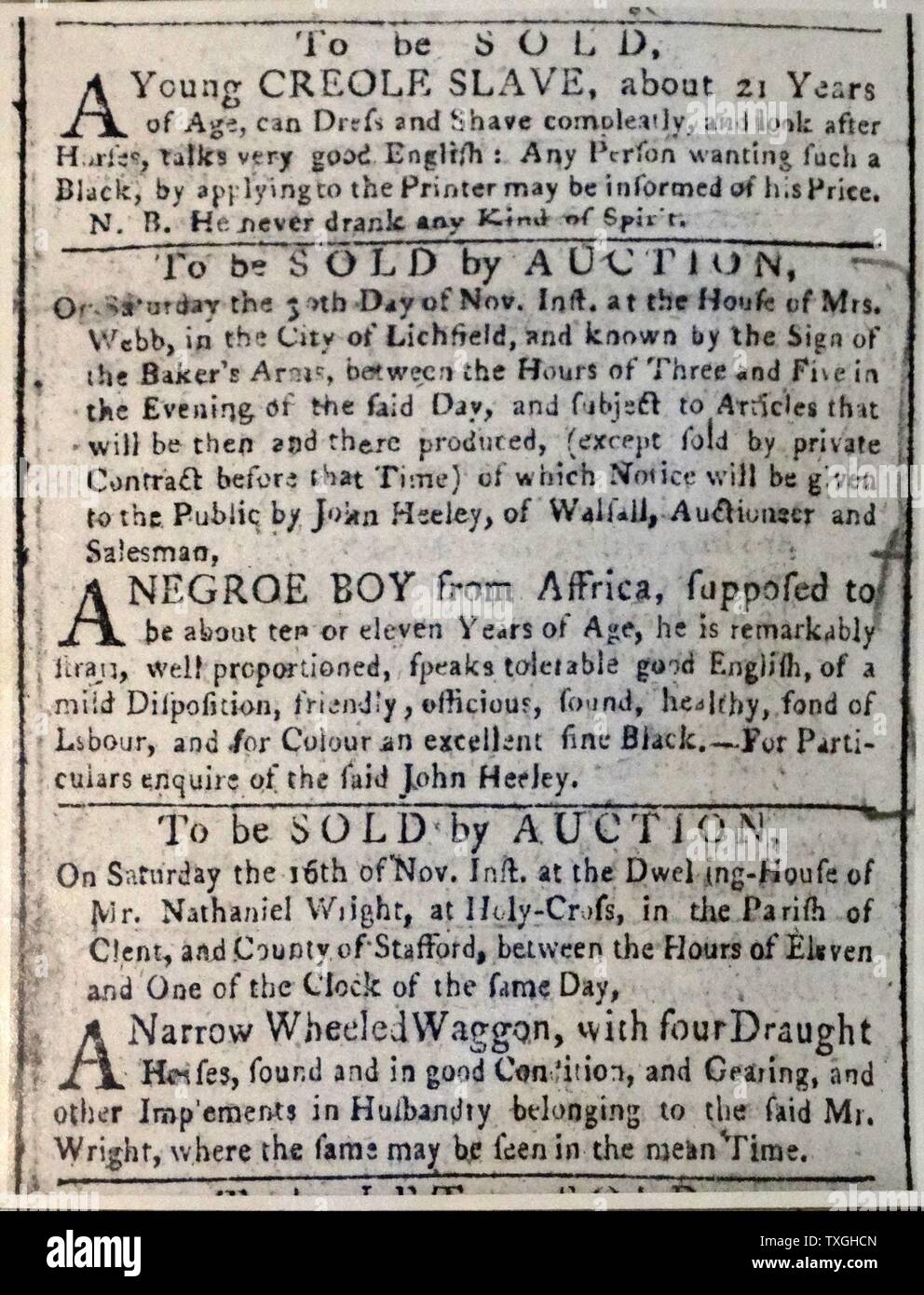 Werbung für den Verkauf eines Sklaven. Litchfield, England. Vom 18. Jahrhundert Stockfoto