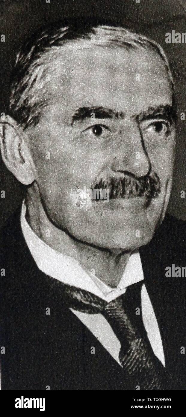 Arthur Neville Chamberlain (1869 ñ 9. November 1940); britischer konservativer Politiker, der als Premierminister des Vereinigten Königreichs von Mai 1937 bis Mai 1940 serviert. Chamberlain ist am besten für seine ausgleichenden Außenpolitik bekannt, insbesondere für seine Unterzeichnung des Münchner Abkommens von 1938, Stockfoto
