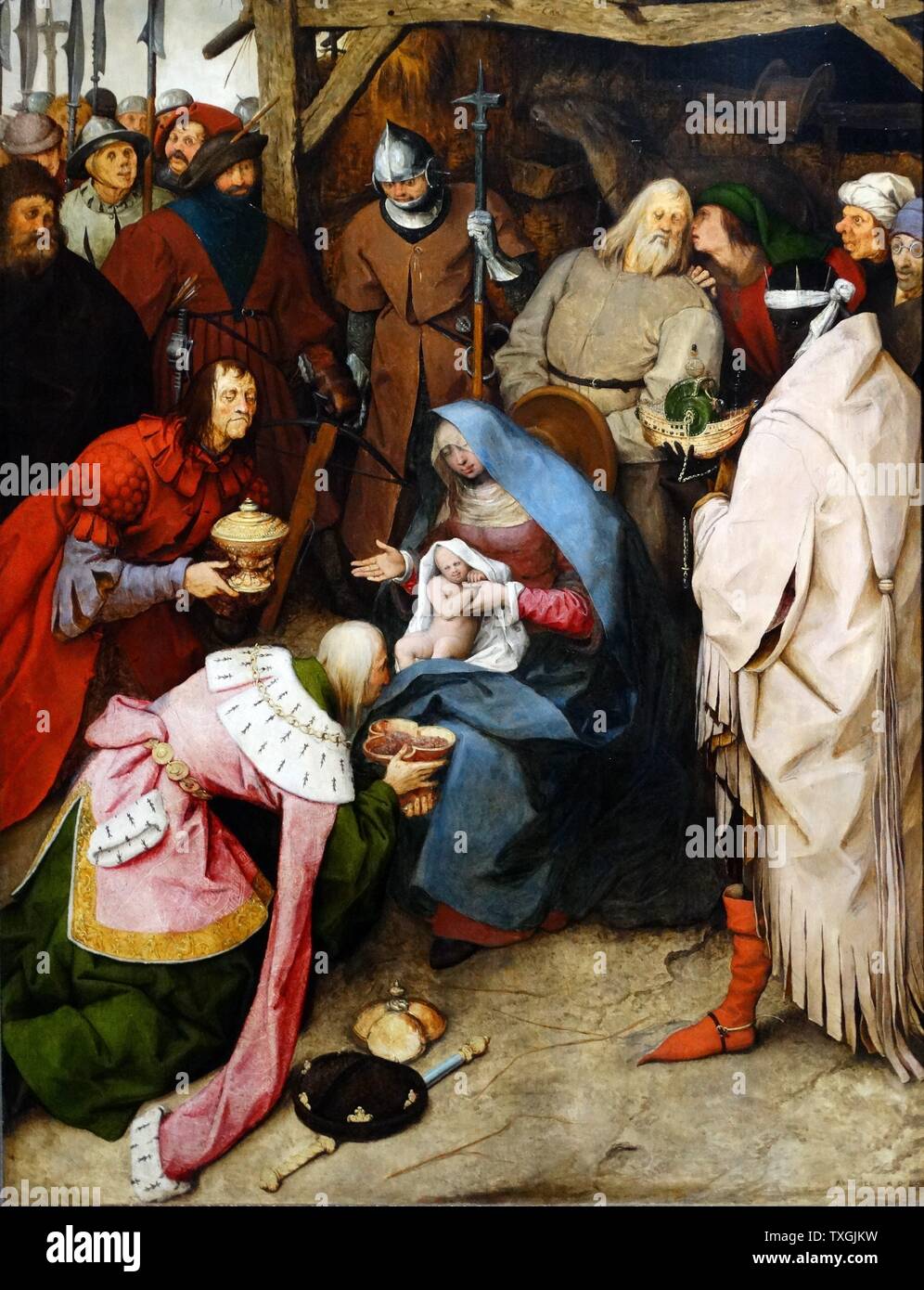 Gemälde mit dem Titel "Die Anbetung der Könige" von Pieter Bruegel der ältere (1525-1569) ein niederländischer Renaissance-Maler und Grafiker aus Brabant. Datiert aus dem 16. Jahrhundert Stockfoto