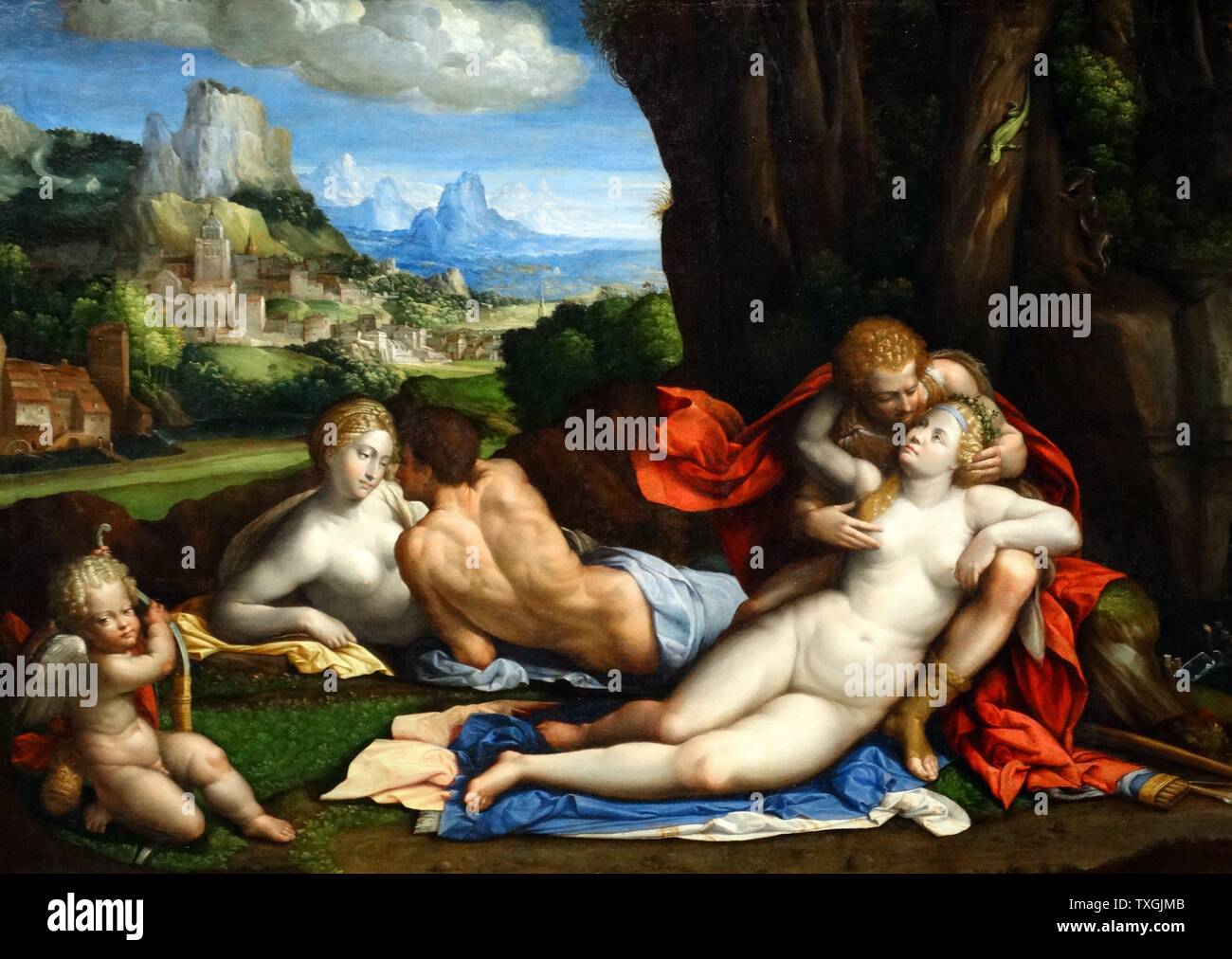 Gemälde mit dem Titel "Eine Allegorie der Liebe" von Benvenuto Tisi (1481-1559) ein spät-Renaissance-manieristischen italienischen Maler der Schule von Ferrara. Datiert aus dem 16. Jahrhundert Stockfoto