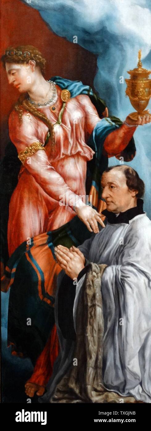 Gemälde mit dem Titel "Die Jungfrau Maria und Johannes der Evangelist" von Maarten van Heemskerck (1498-1574) ein niederländischer Portrait- und religiösen Maler. Datiert aus dem 16. Jahrhundert Stockfoto