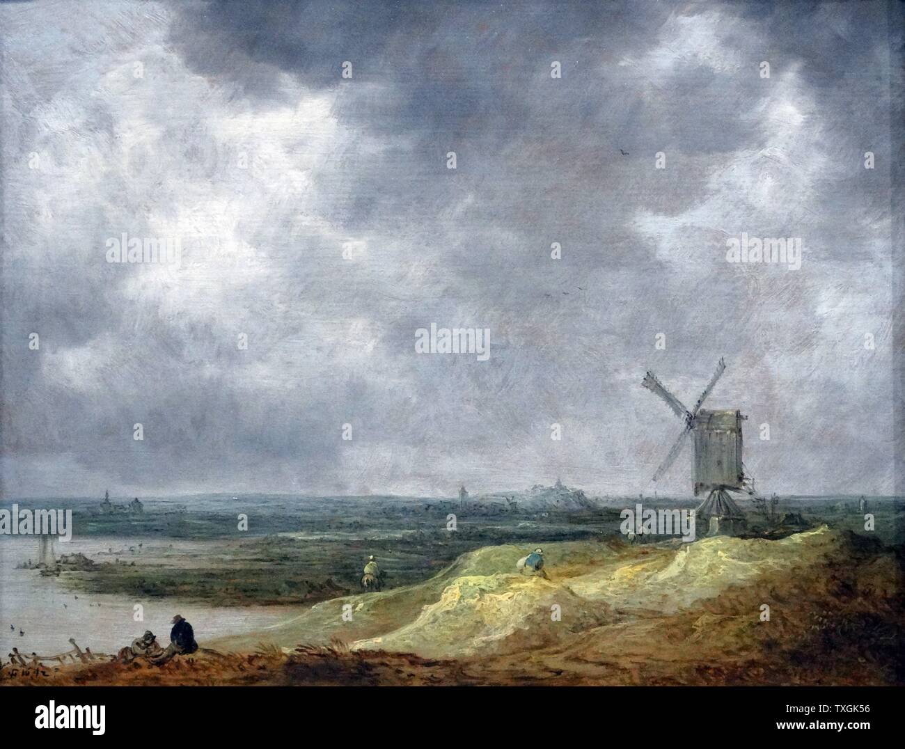Gemälde mit dem Titel "Einer Windmühle an einem Fluss" von Jan van Goyen (1596-1656) ein niederländischer Landschaftsmaler. Vom 17. Jahrhundert Stockfoto