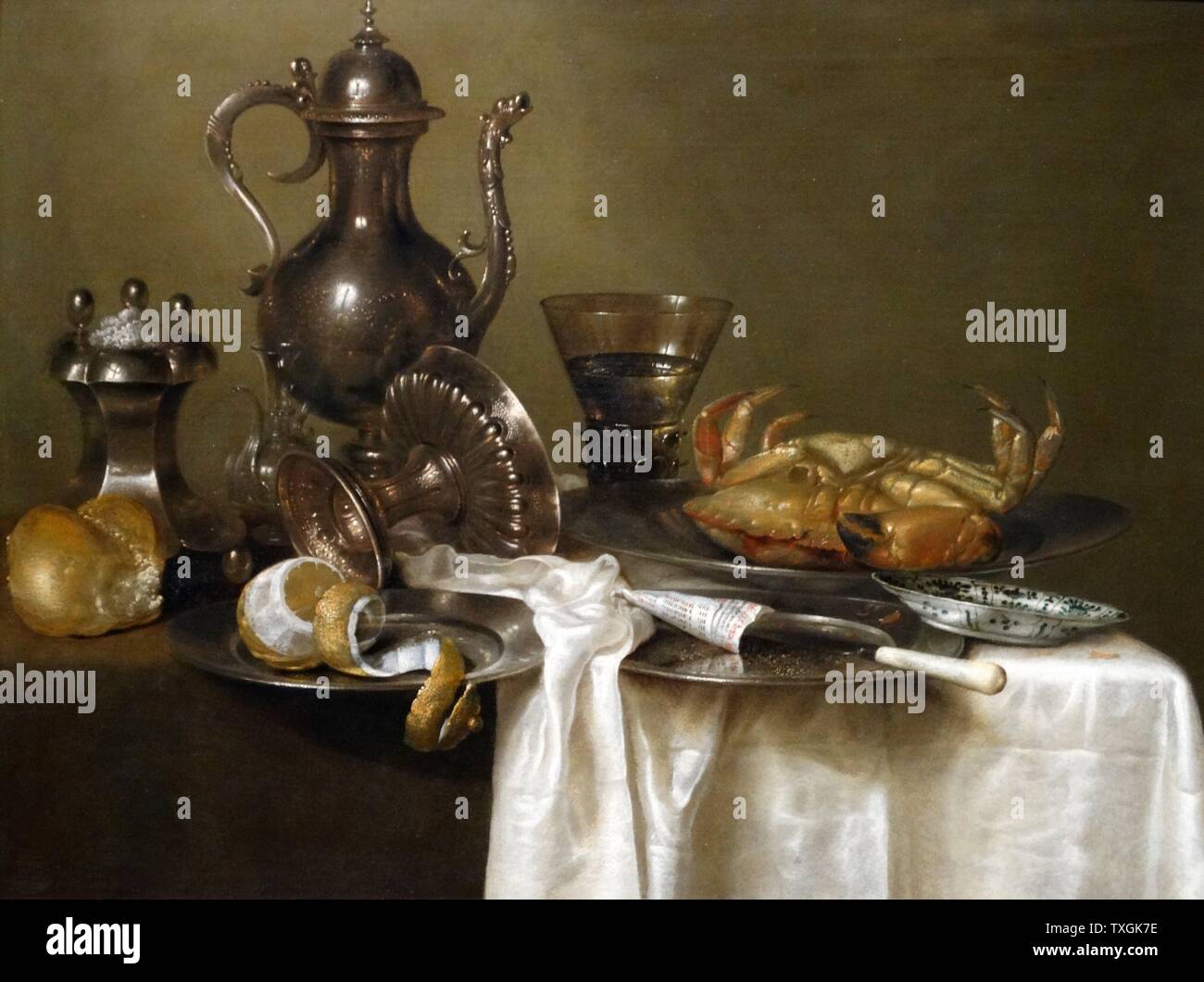 Bild mit dem Titel "Still-Leben: Zinn und Silber Schiffe und eine Krabbe" von Willem Claesz. Heda (1594-1680) ein Holländisches goldenes Alter Maler. Vom 17. Jahrhundert Stockfoto