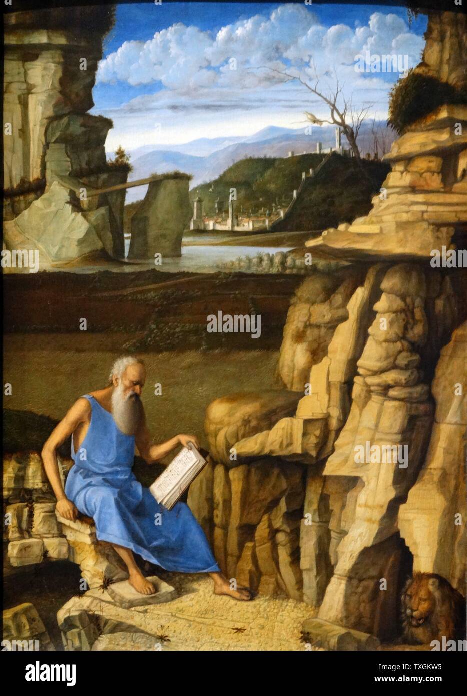 Malerei den Titel "Der Heilige Hieronymus lesen in einer Landschaft" von Giovanni Bellini (1430-1516) eines italienischen Renaissance-Maler. Datiert aus dem 16. Jahrhundert Stockfoto