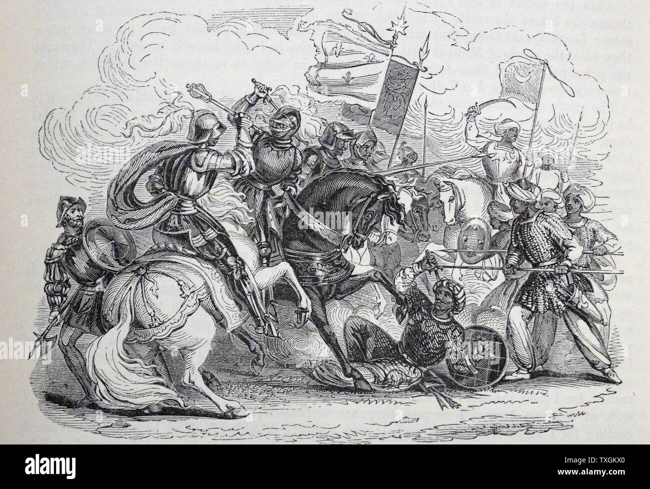 Gravur zeigt eine Szene aus der Schlacht von Montiel, gekämpft zwischen Muño Alfonso und ein Heer von Ritter von Ávila, Segovia und Toledo. Vom 12. Jahrhundert Stockfoto