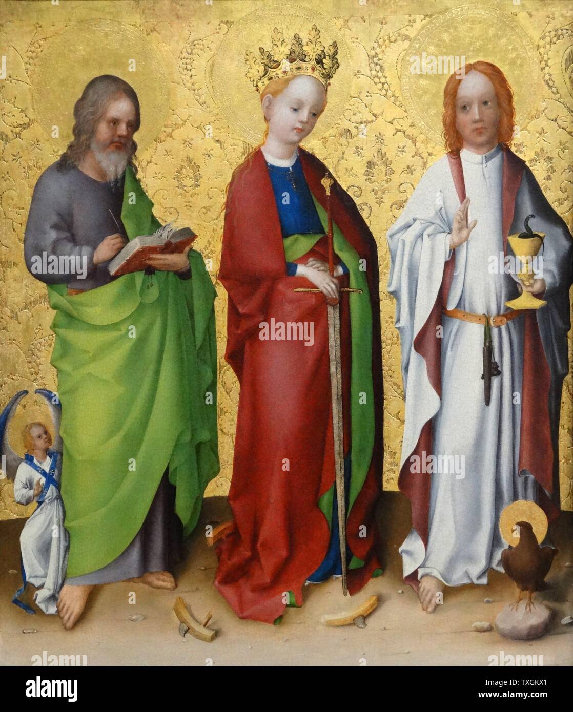 Gemälde mit dem Titel "Heiligen Matthäus, Katharina von Alexandria und Johannes der Evangelist" von Stefan Lochner (1400-1451) eines deutschen Malers. Vom 15. Jahrhundert Stockfoto