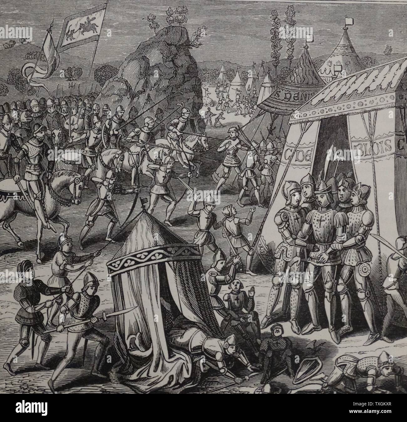 Darstellung der Schlacht von La Roche-Derrien Gravur, gekämpft zwischen den französischen und englischen Truppen während des Hundertjährigen Krieges. Vom 14. Jahrhundert Stockfoto